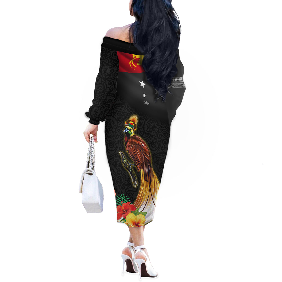 Papua New Guinea Independence Day Off The Shoulder Long Sleeve Dress PNG Flag and Bird-of-Paradise LT03 - Polynesian Pride