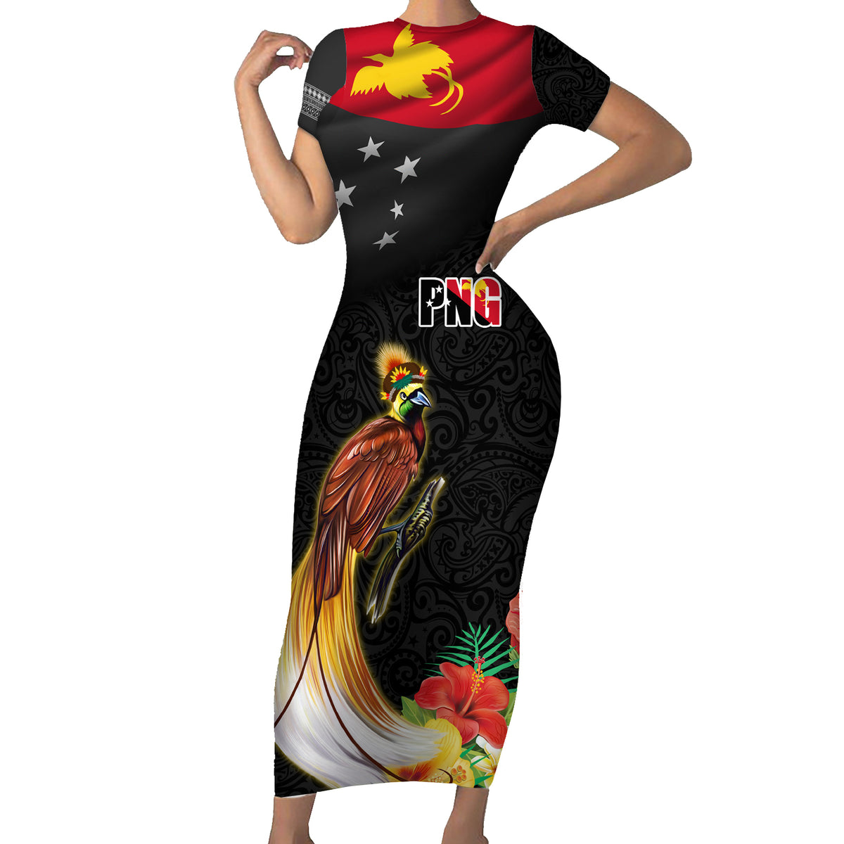 Papua New Guinea Independence Day Short Sleeve Bodycon Dress PNG Flag and Bird-of-Paradise LT03 Long Dress Black - Polynesian Pride