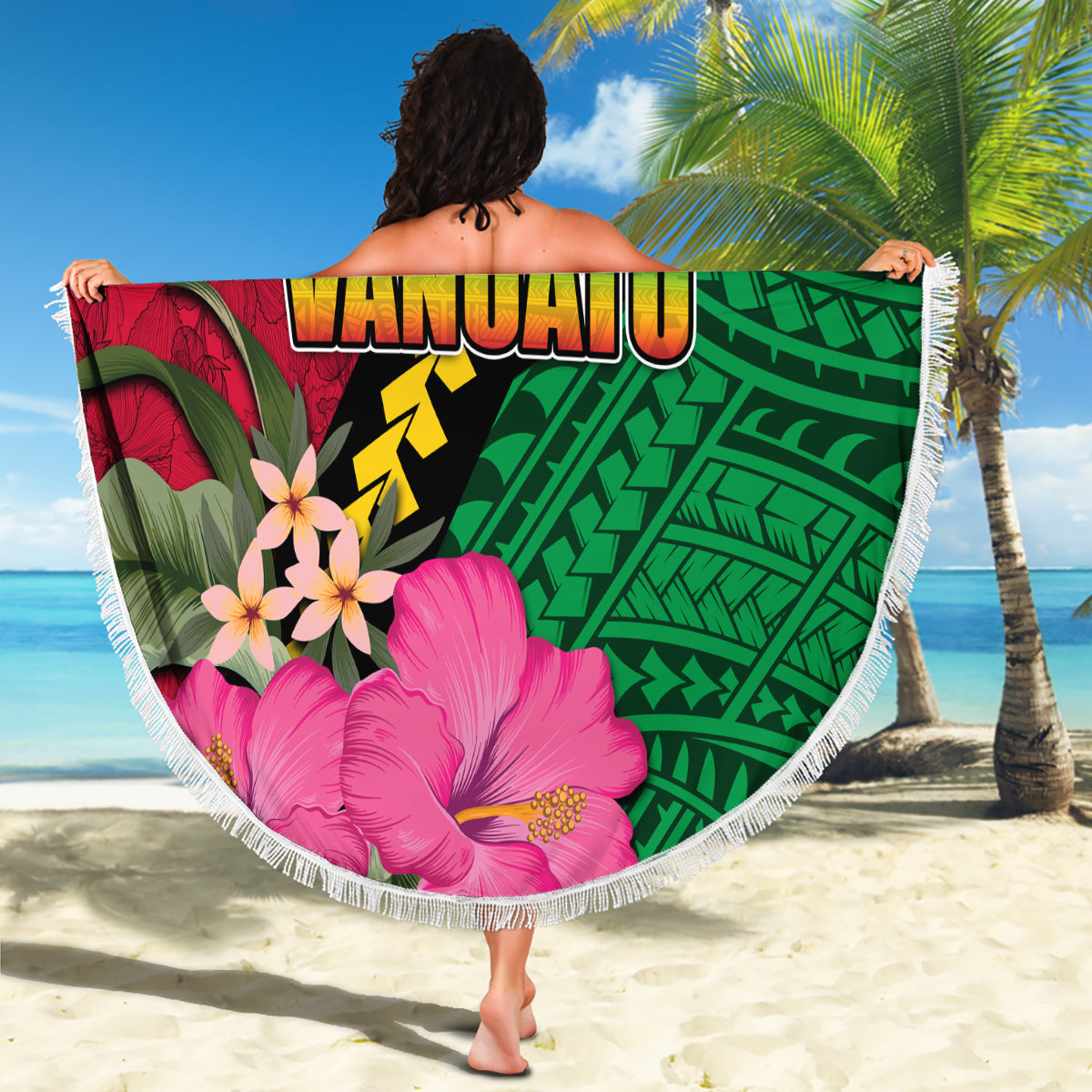 Vanuatu Flag Hibiscus Polynesian Pattern Beach Blanket
