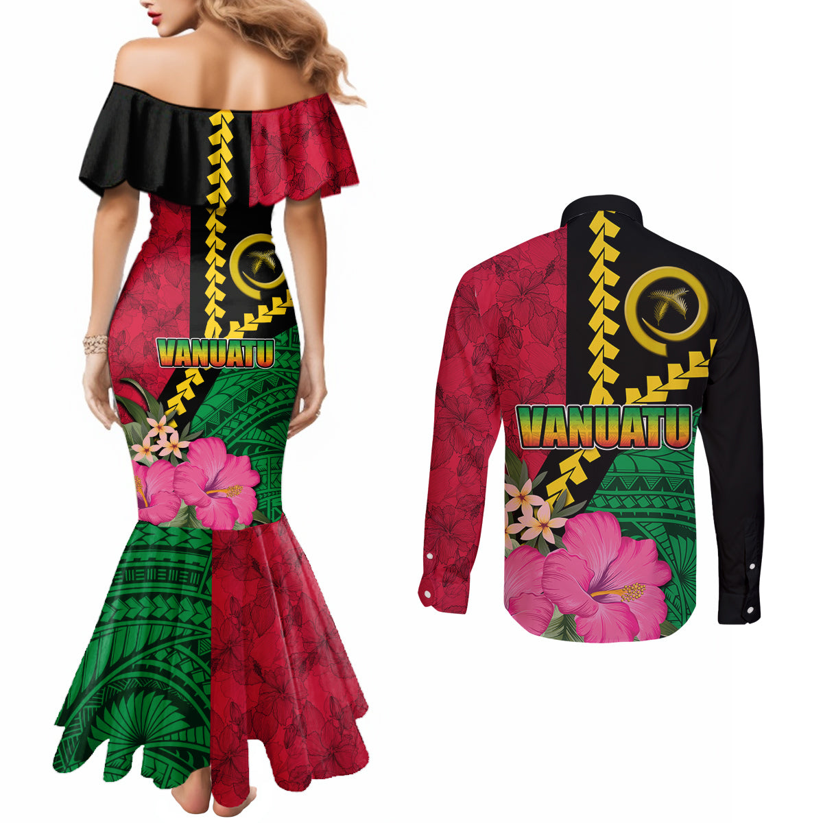 Vanuatu Flag Hibiscus Polynesian Pattern Couples Matching Mermaid Dress and Long Sleeve Button Shirt
