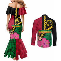 Vanuatu Flag Hibiscus Polynesian Pattern Couples Matching Mermaid Dress and Long Sleeve Button Shirt