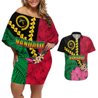 Vanuatu Flag Hibiscus Polynesian Pattern Couples Matching Off Shoulder Short Dress and Hawaiian Shirt