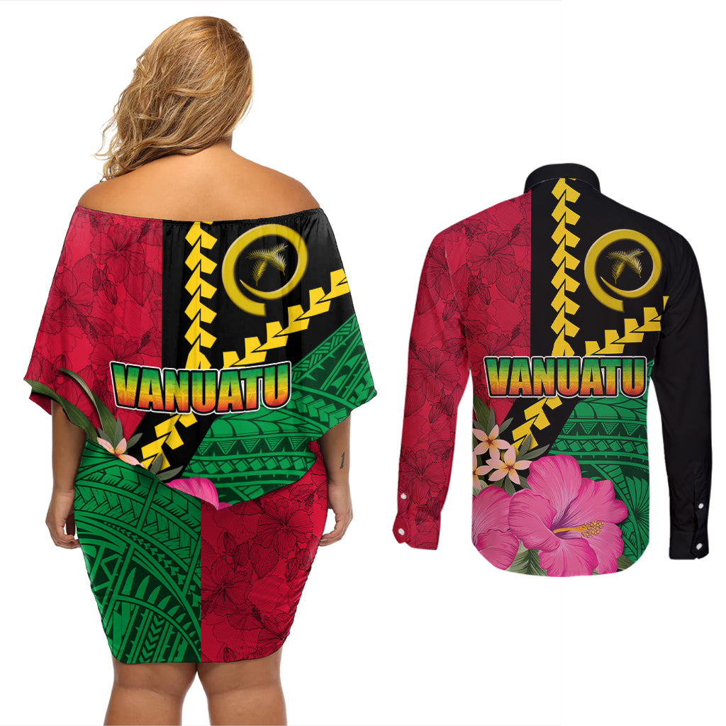 Vanuatu Flag Hibiscus Polynesian Pattern Couples Matching Off Shoulder Short Dress and Long Sleeve Button Shirt