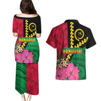 Vanuatu Flag Hibiscus Polynesian Pattern Couples Matching Puletasi and Hawaiian Shirt