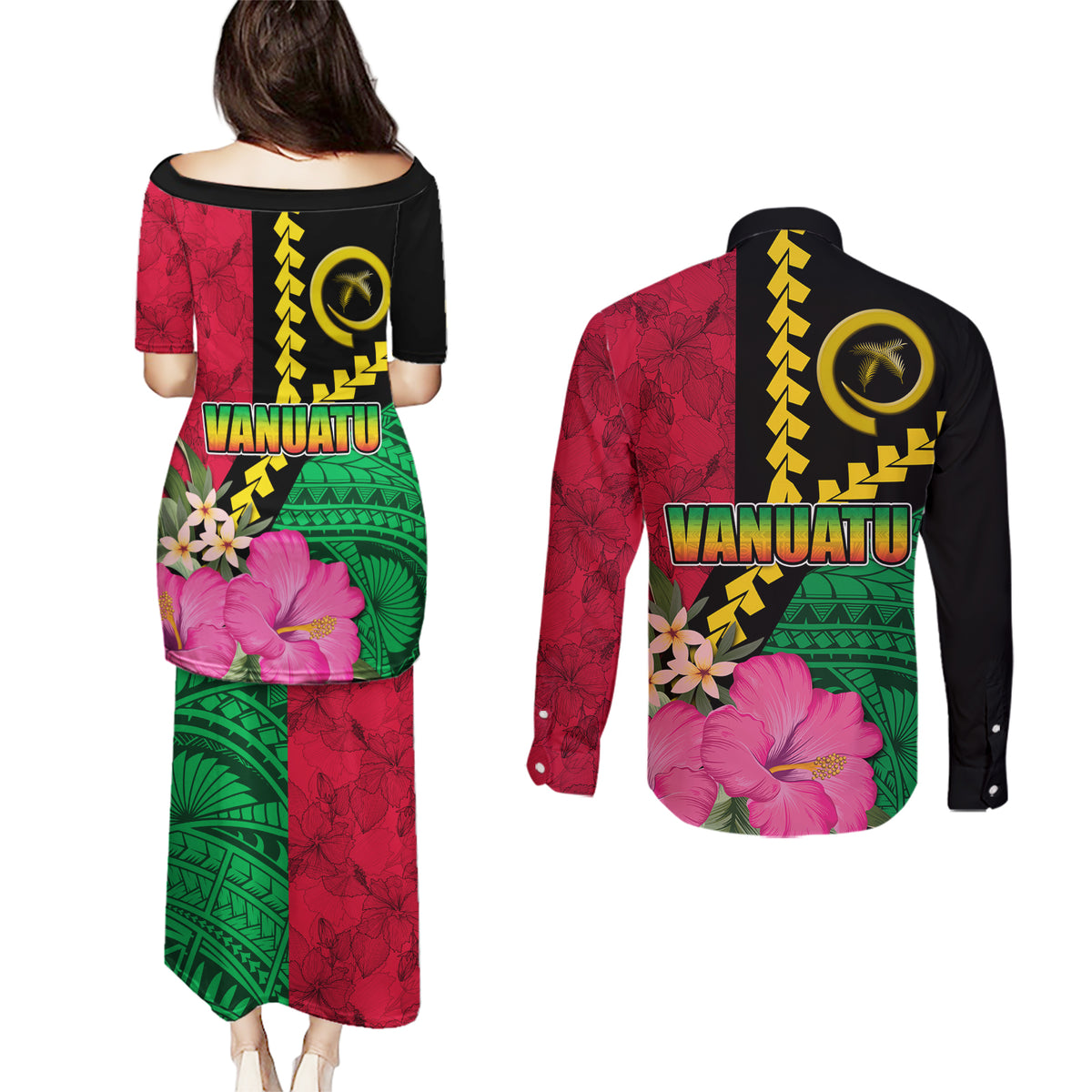 Vanuatu Flag Hibiscus Polynesian Pattern Couples Matching Puletasi and Long Sleeve Button Shirt