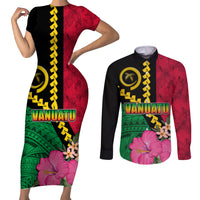 Vanuatu Flag Hibiscus Polynesian Pattern Couples Matching Short Sleeve Bodycon Dress and Long Sleeve Button Shirt