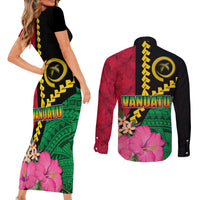 Vanuatu Flag Hibiscus Polynesian Pattern Couples Matching Short Sleeve Bodycon Dress and Long Sleeve Button Shirt