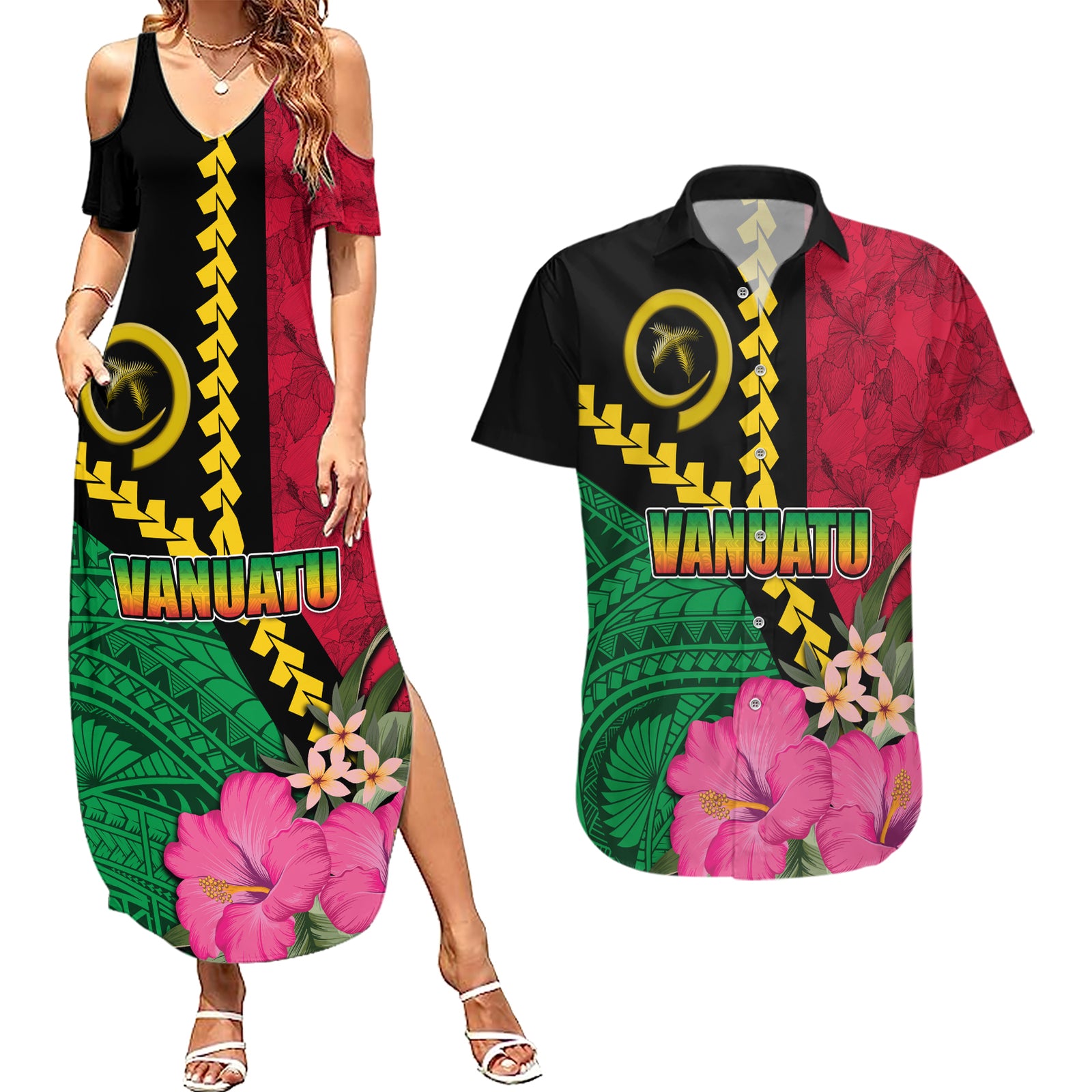 Vanuatu Flag Hibiscus Polynesian Pattern Couples Matching Summer Maxi Dress and Hawaiian Shirt