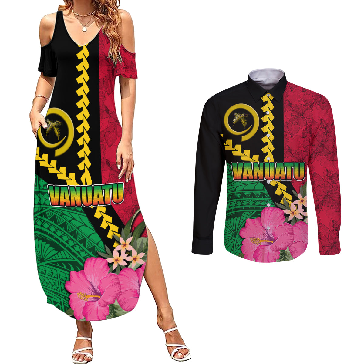 Vanuatu Flag Hibiscus Polynesian Pattern Couples Matching Summer Maxi Dress and Long Sleeve Button Shirt