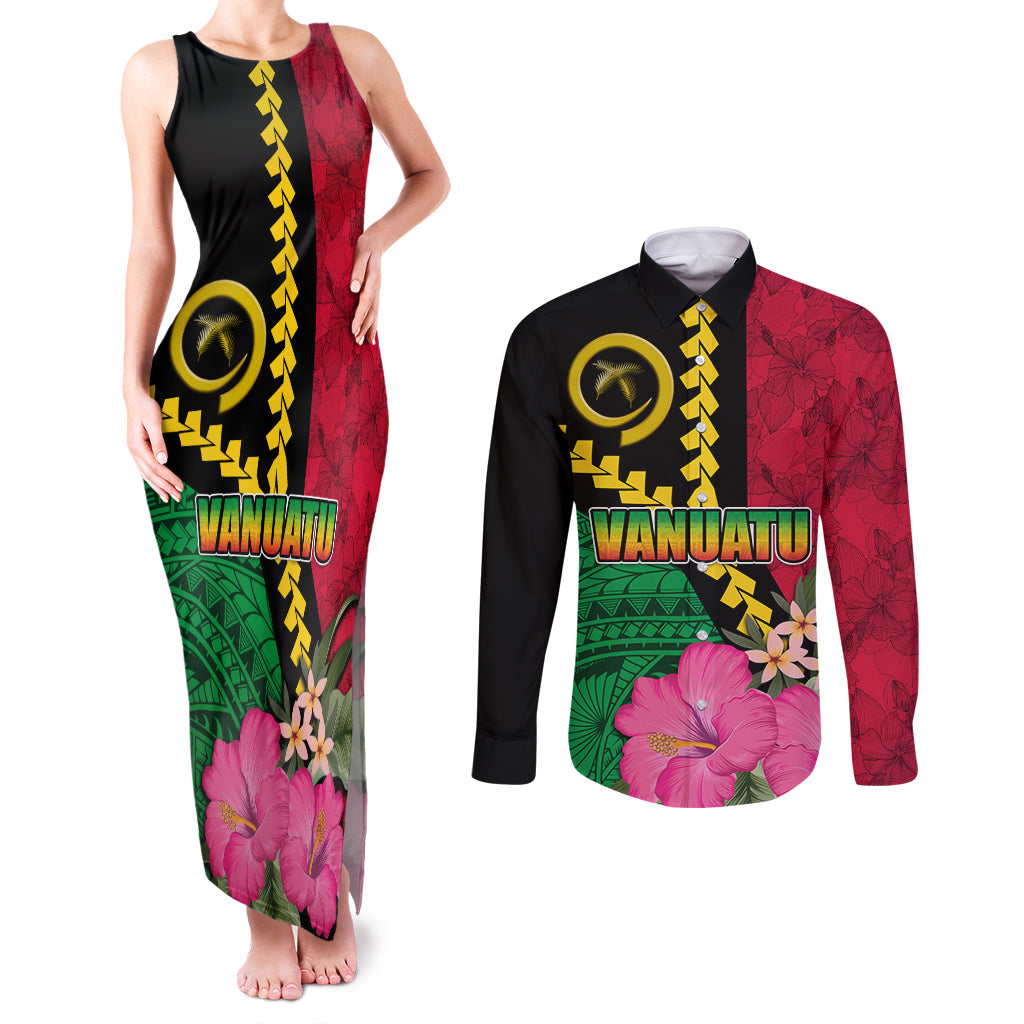 Vanuatu Flag Hibiscus Polynesian Pattern Couples Matching Tank Maxi Dress and Long Sleeve Button Shirt