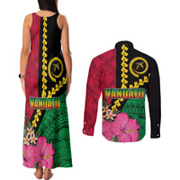 Vanuatu Flag Hibiscus Polynesian Pattern Couples Matching Tank Maxi Dress and Long Sleeve Button Shirt