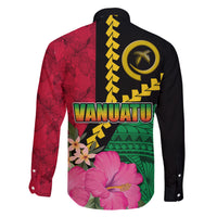 Vanuatu Flag Hibiscus Polynesian Pattern Family Matching Off The Shoulder Long Sleeve Dress and Hawaiian Shirt