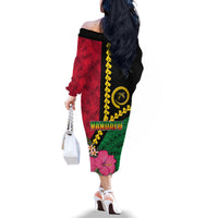 Vanuatu Flag Hibiscus Polynesian Pattern Family Matching Off The Shoulder Long Sleeve Dress and Hawaiian Shirt
