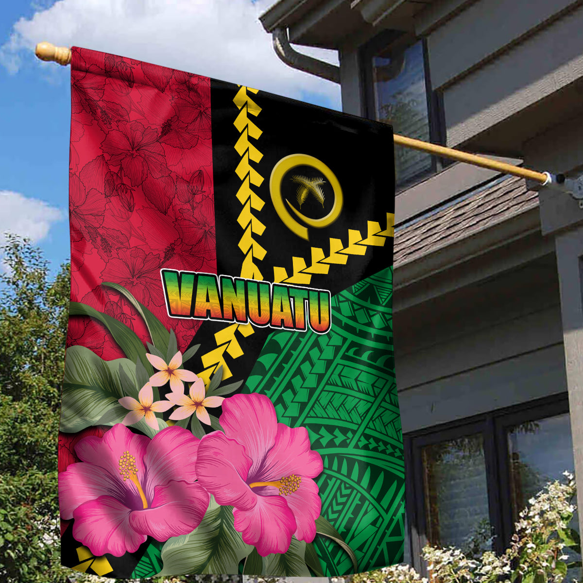 Vanuatu Flag Hibiscus Polynesian Pattern Garden Flag