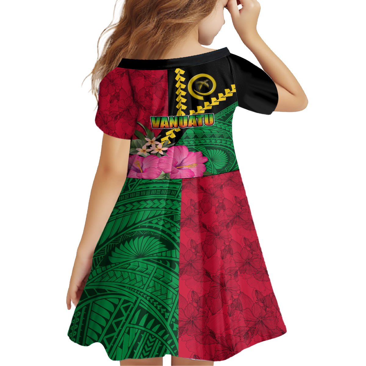 Vanuatu Flag Hibiscus Polynesian Pattern Kid Short Sleeve Dress