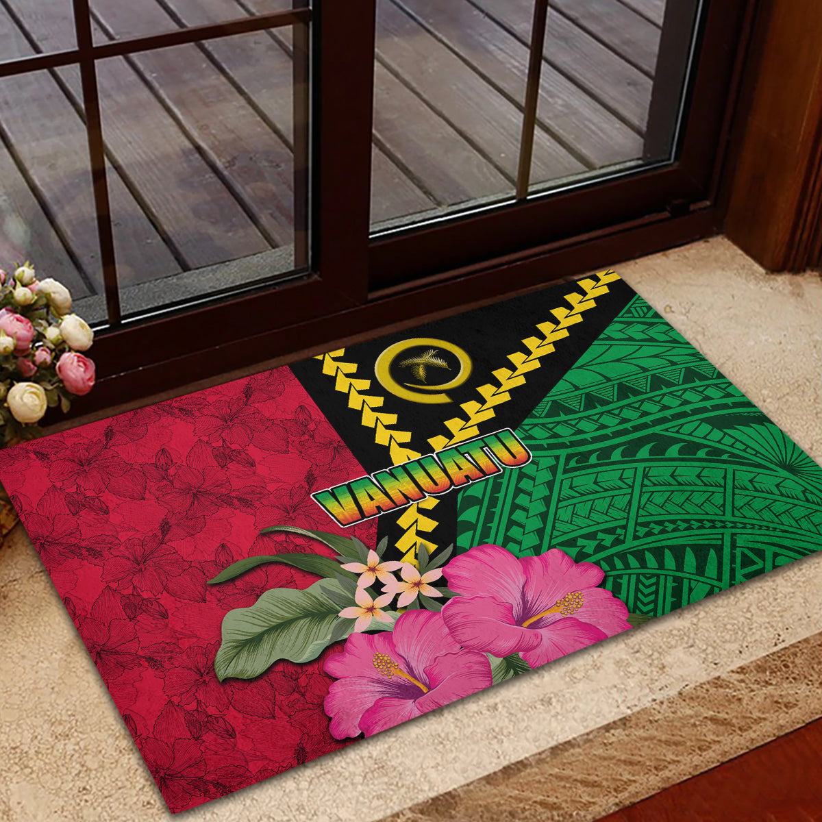 Vanuatu Flag Hibiscus Polynesian Pattern Rubber Doormat