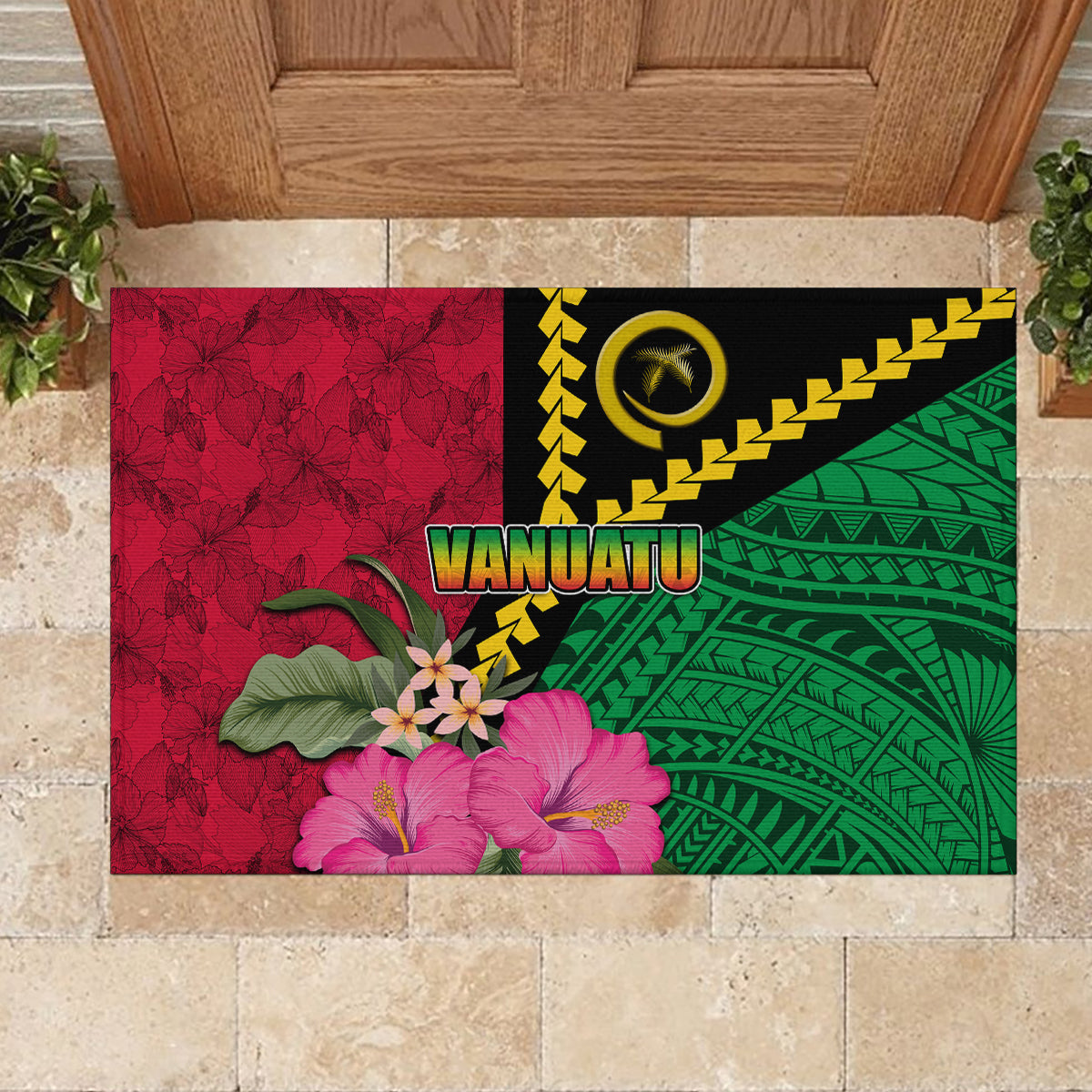 Vanuatu Flag Hibiscus Polynesian Pattern Rubber Doormat