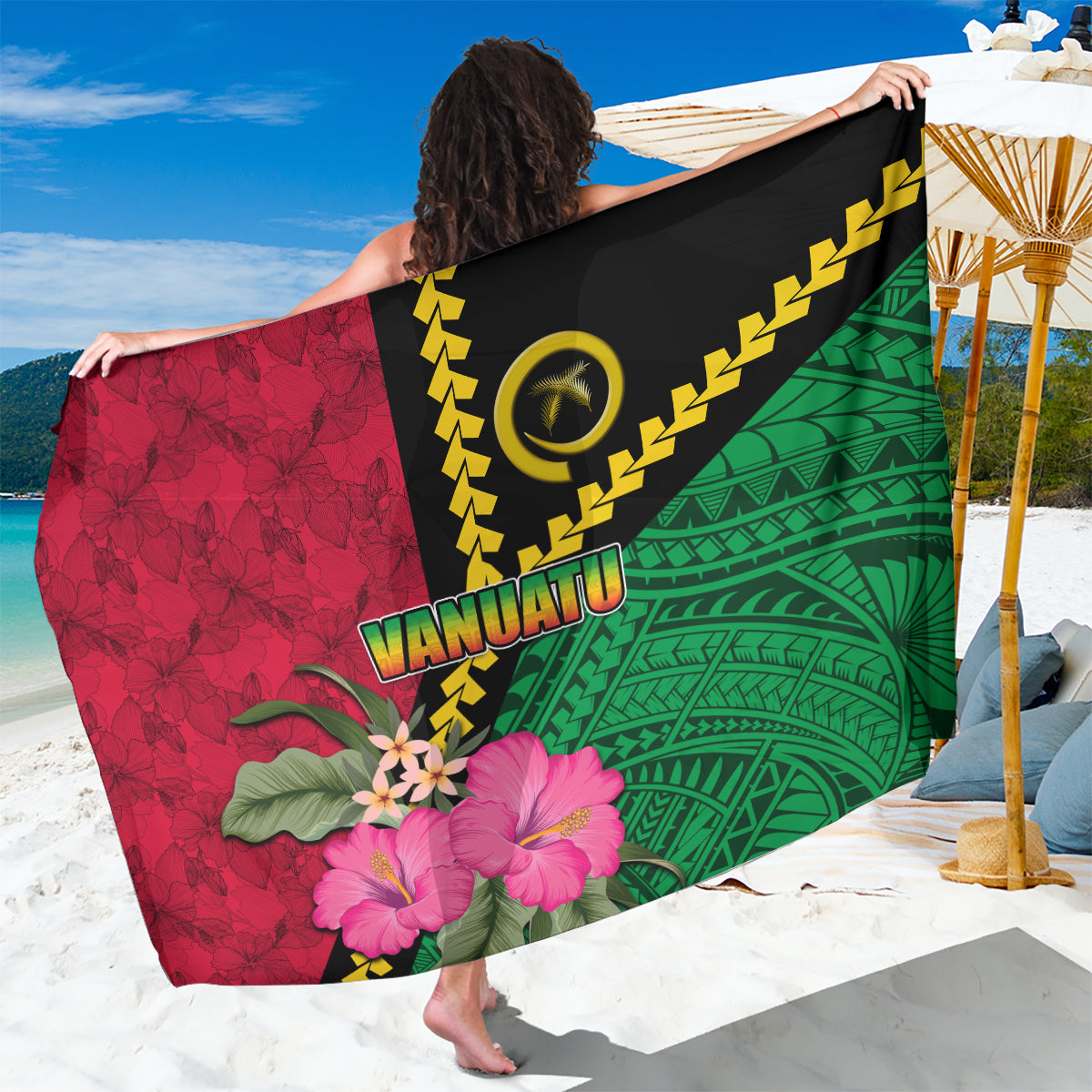 Vanuatu Flag Hibiscus Polynesian Pattern Sarong