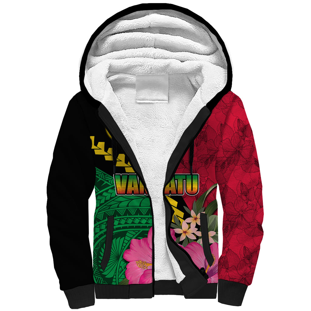 Vanuatu Flag Hibiscus Polynesian Pattern Sherpa Hoodie