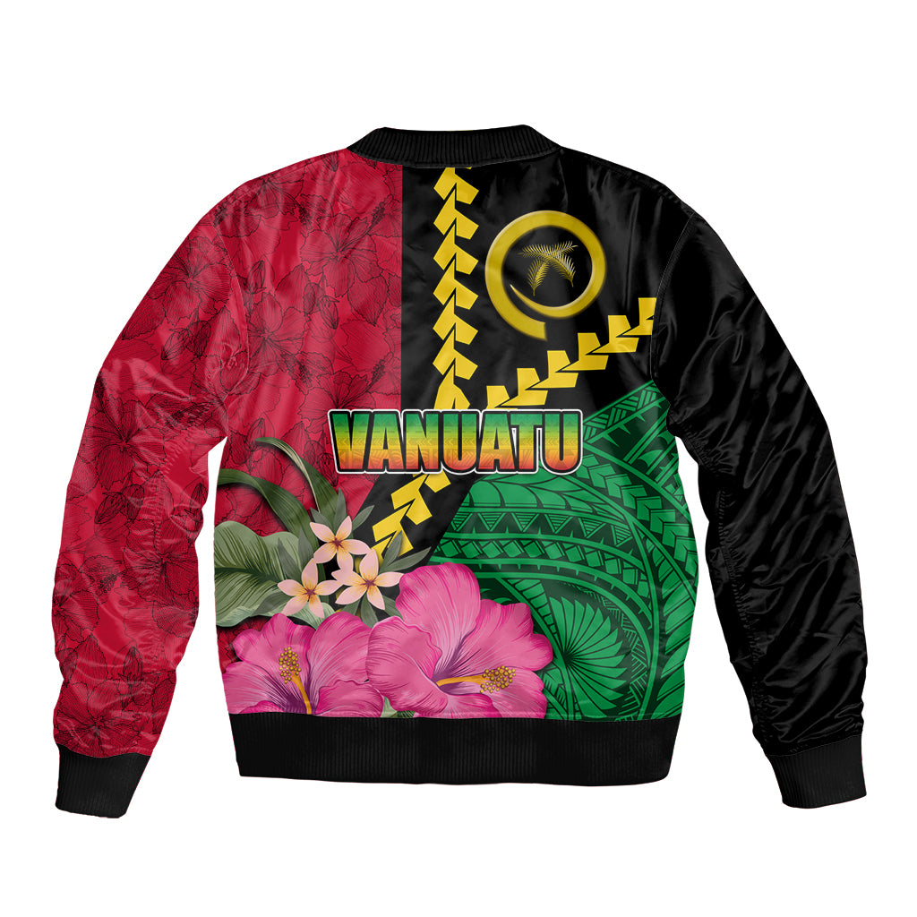 Vanuatu Flag Hibiscus Polynesian Pattern Sleeve Zip Bomber Jacket