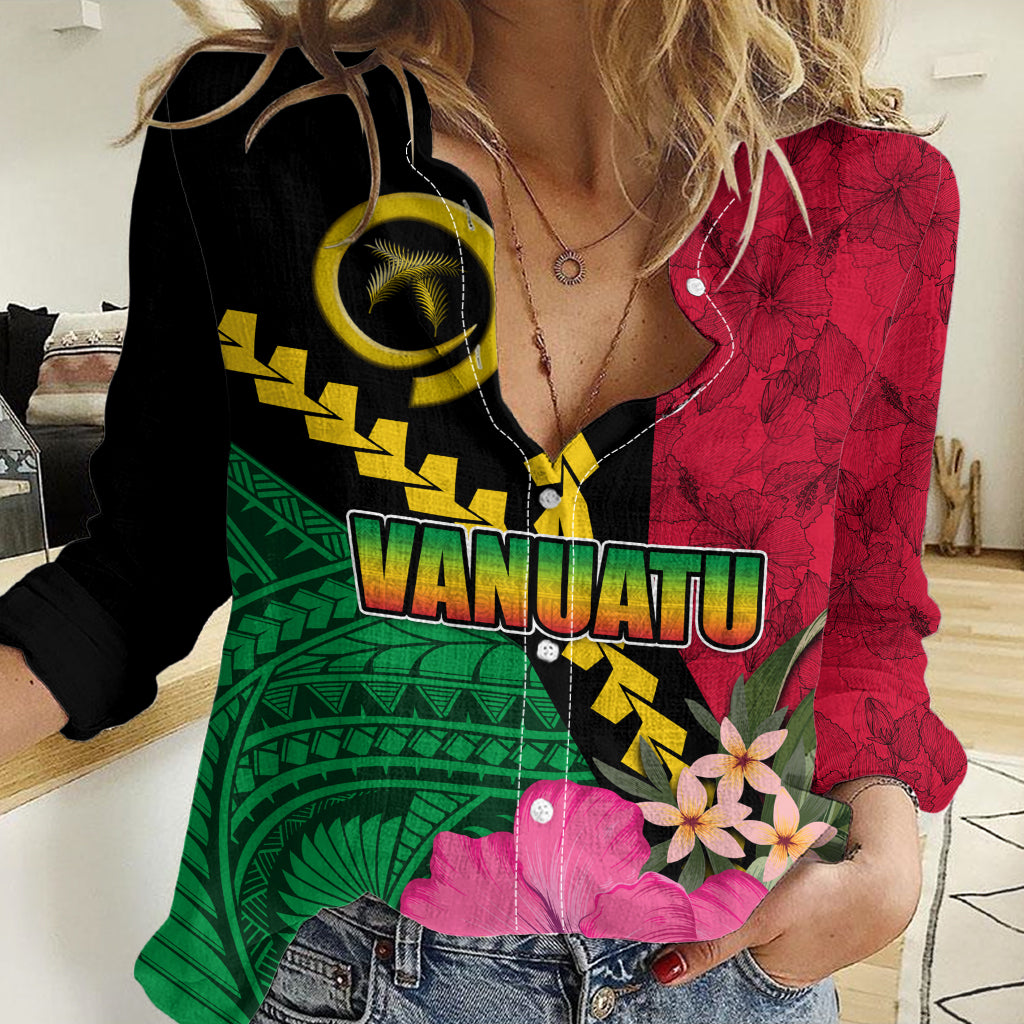 Vanuatu Flag Hibiscus Polynesian Pattern Women Casual Shirt