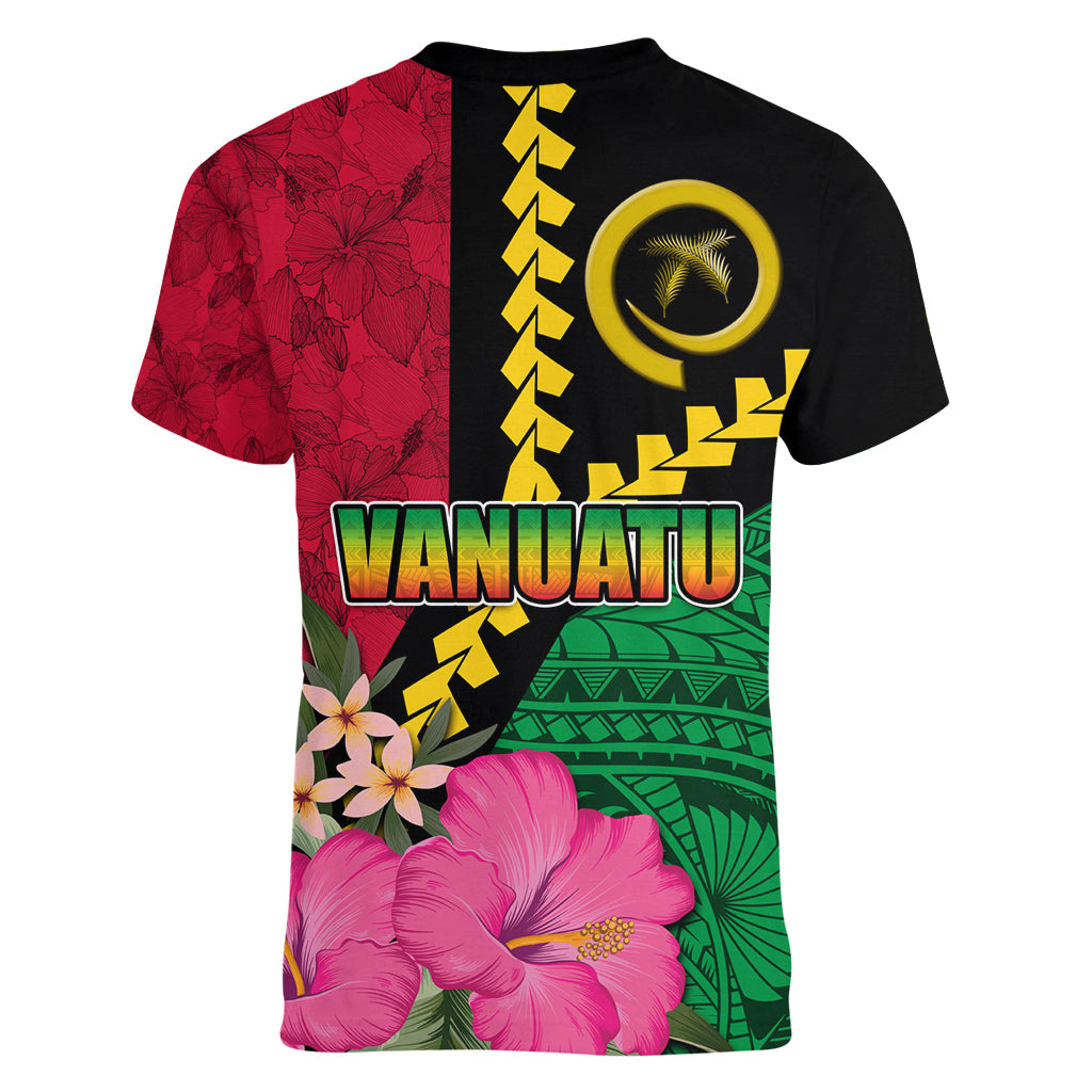 Vanuatu Flag Hibiscus Polynesian Pattern Women V-Neck T-Shirt