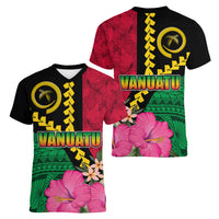 Vanuatu Flag Hibiscus Polynesian Pattern Women V-Neck T-Shirt