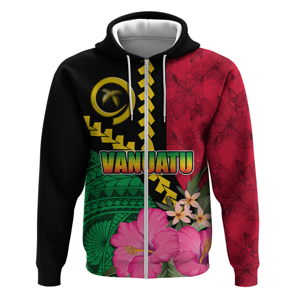 Vanuatu Flag Hibiscus Polynesian Pattern Zip Hoodie