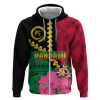 Vanuatu Flag Hibiscus Polynesian Pattern Zip Hoodie