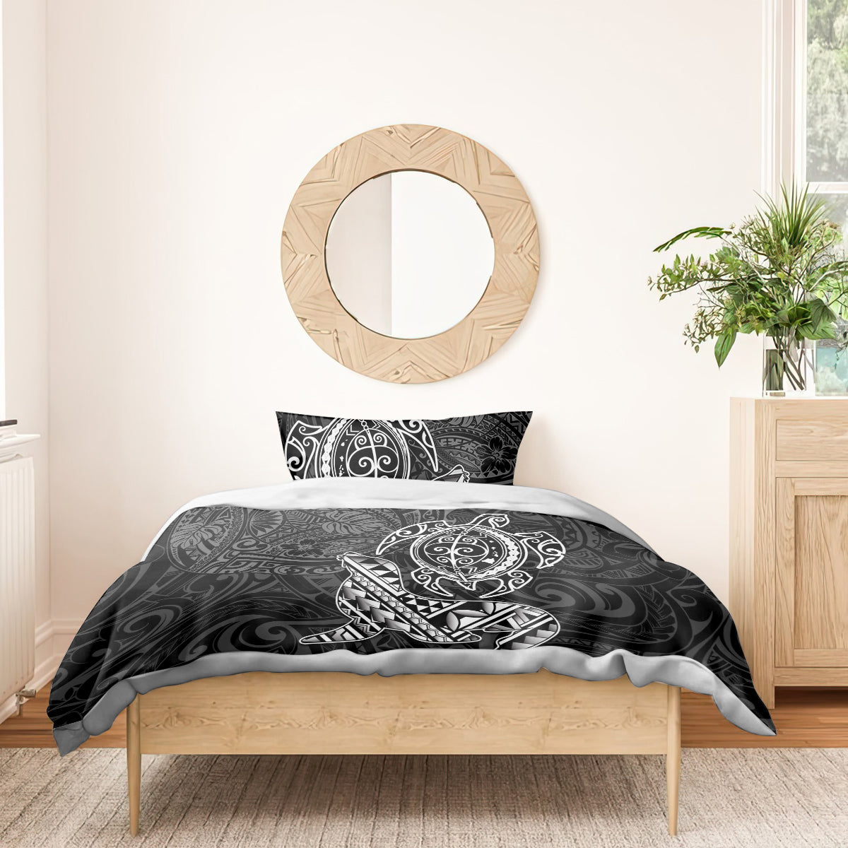 Hawaii Monk Seal and Dolphin Bedding Set Polynesian Kakau Pattern Black White Color