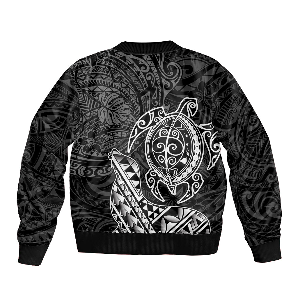 Hawaii Monk Seal and Dolphin Bomber Jacket Polynesian Kakau Pattern Black White Color