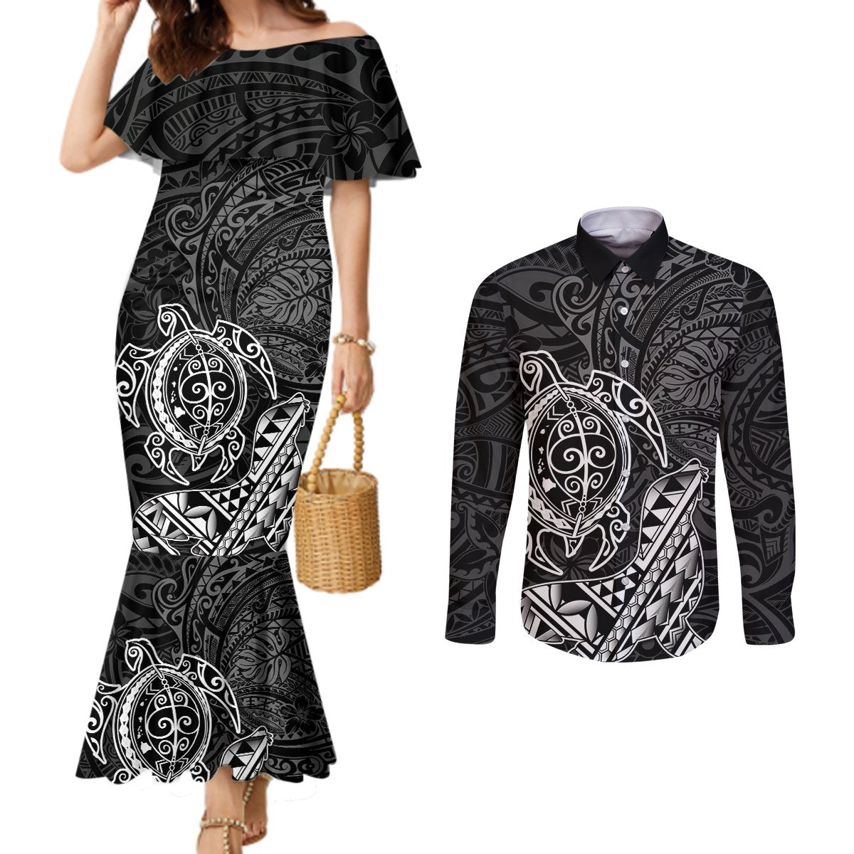 Hawaii Monk Seal and Dolphin Couples Matching Mermaid Dress and Long Sleeve Button Shirt Polynesian Kakau Pattern Black White Color