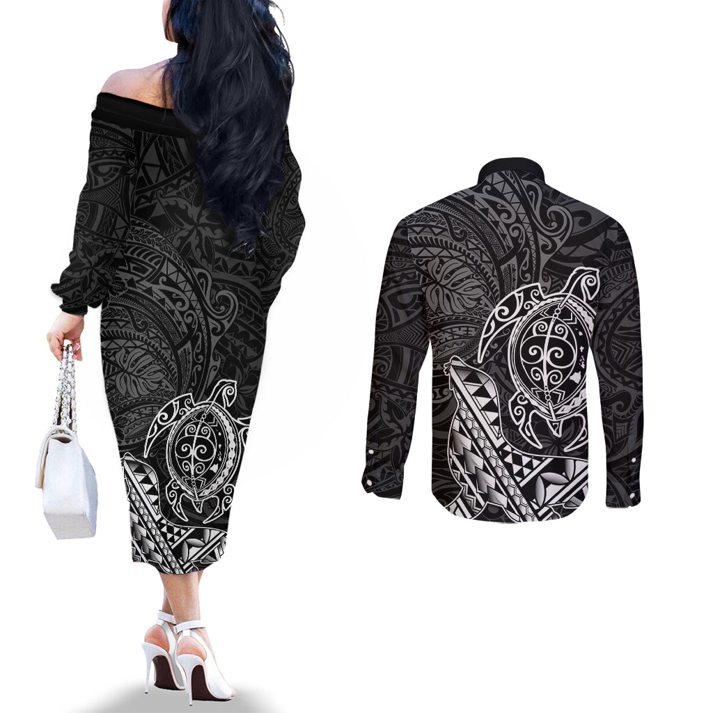 Hawaii Monk Seal and Dolphin Couples Matching Off The Shoulder Long Sleeve Dress and Long Sleeve Button Shirt Polynesian Kakau Pattern Black White Color