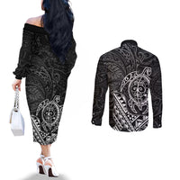 Hawaii Monk Seal and Dolphin Couples Matching Off The Shoulder Long Sleeve Dress and Long Sleeve Button Shirt Polynesian Kakau Pattern Black White Color