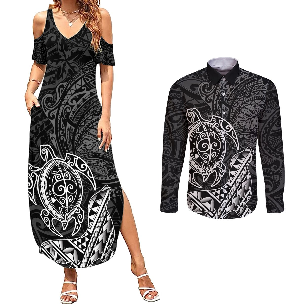 Hawaii Monk Seal and Dolphin Couples Matching Summer Maxi Dress and Long Sleeve Button Shirt Polynesian Kakau Pattern Black White Color