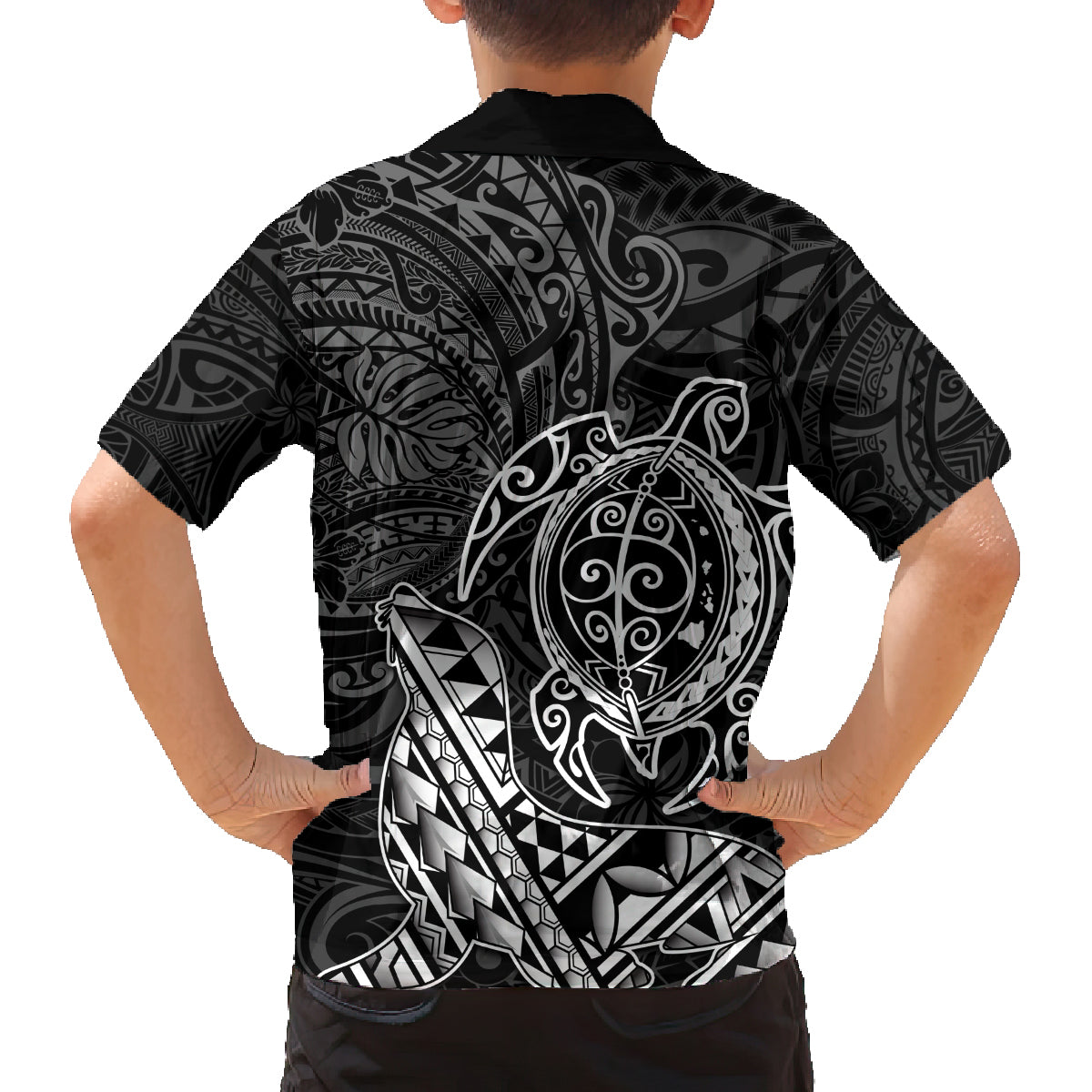 Hawaii Monk Seal and Dolphin Family Matching Long Sleeve Bodycon Dress and Hawaiian Shirt Polynesian Kakau Pattern Black White Color LT03 - Polynesian Pride