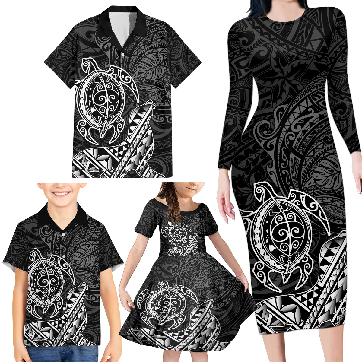 Hawaii Monk Seal and Dolphin Family Matching Long Sleeve Bodycon Dress and Hawaiian Shirt Polynesian Kakau Pattern Black White Color LT03 - Polynesian Pride