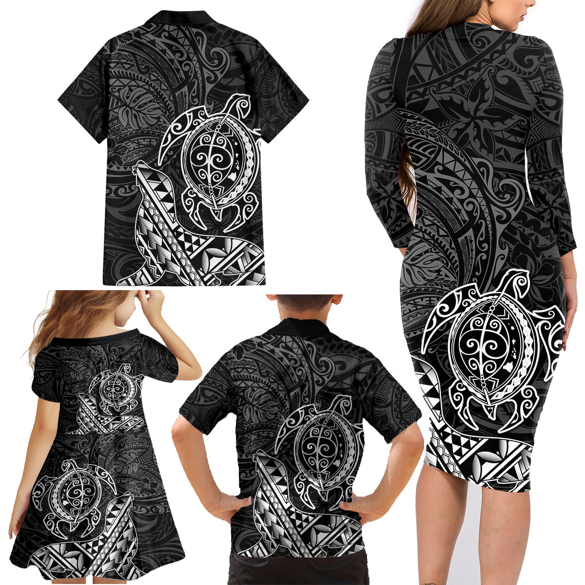 Hawaii Monk Seal and Dolphin Family Matching Long Sleeve Bodycon Dress and Hawaiian Shirt Polynesian Kakau Pattern Black White Color LT03 - Polynesian Pride