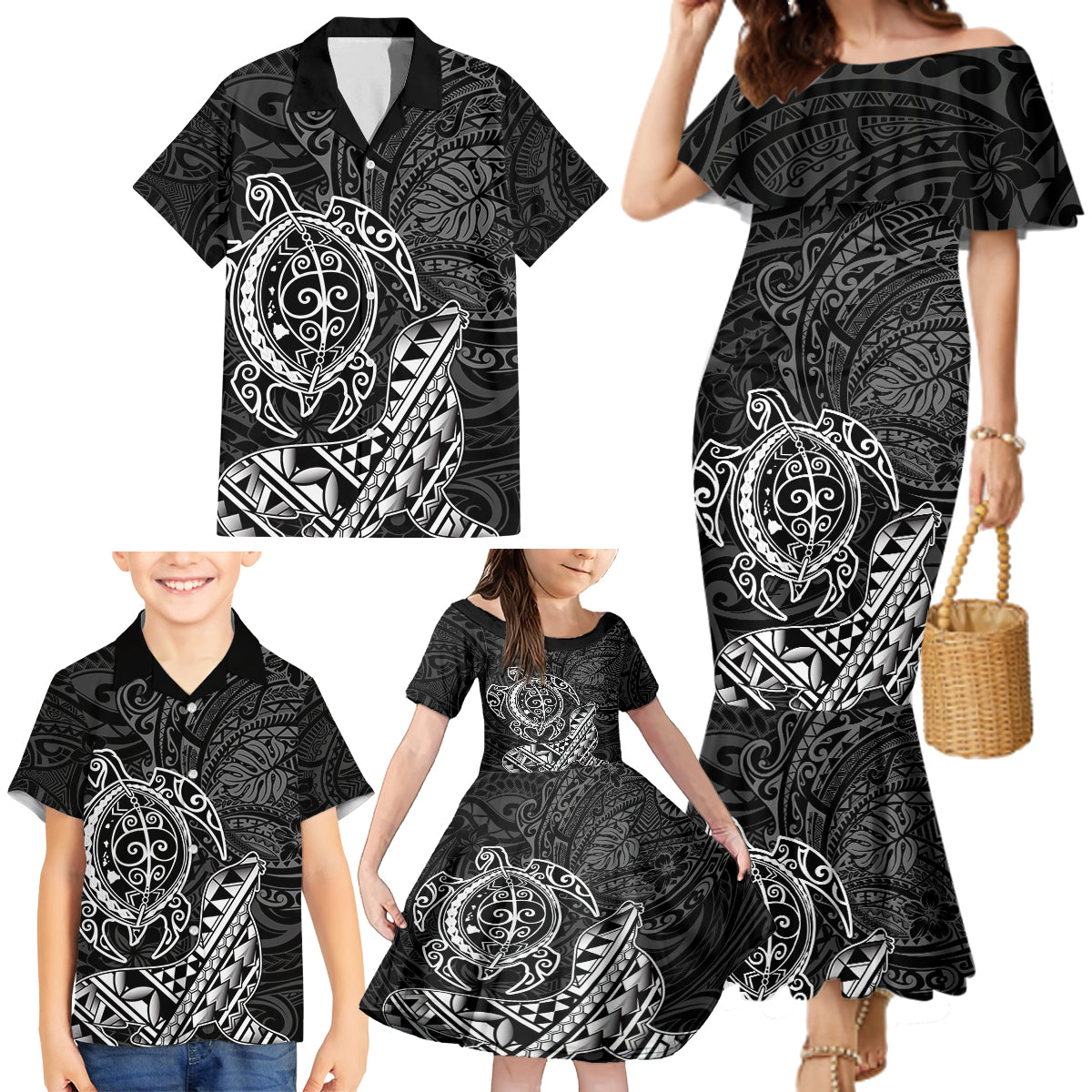 Hawaii Monk Seal and Dolphin Family Matching Mermaid Dress and Hawaiian Shirt Polynesian Kakau Pattern Black White Color LT03 - Polynesian Pride