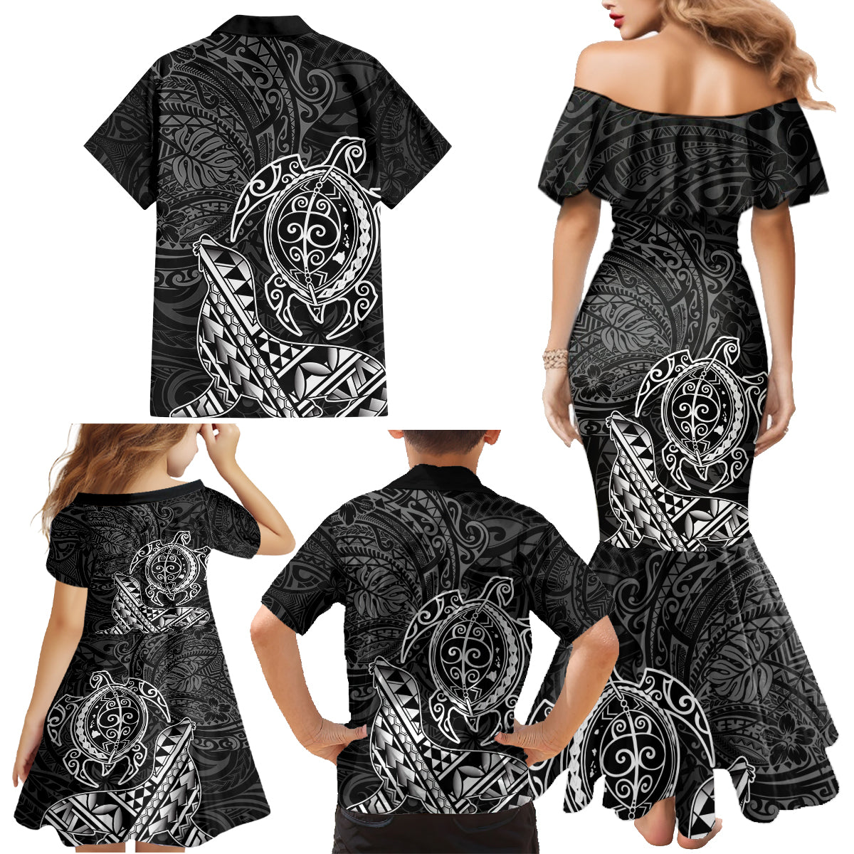 Hawaii Monk Seal and Dolphin Family Matching Mermaid Dress and Hawaiian Shirt Polynesian Kakau Pattern Black White Color LT03 - Polynesian Pride