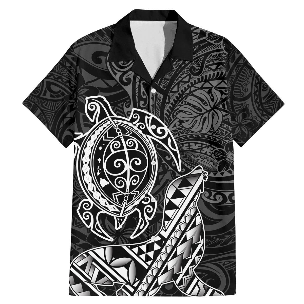 Hawaii Monk Seal and Dolphin Family Matching Mermaid Dress and Hawaiian Shirt Polynesian Kakau Pattern Black White Color LT03 Dad's Shirt - Short Sleeve Black - Polynesian Pride