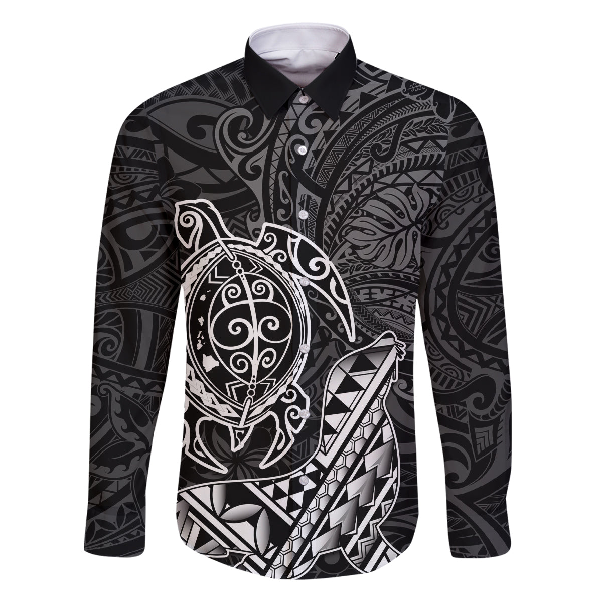 Hawaii Monk Seal and Dolphin Family Matching Mermaid Dress and Hawaiian Shirt Polynesian Kakau Pattern Black White Color LT03 Dad's Shirt - Long Sleeve Black - Polynesian Pride