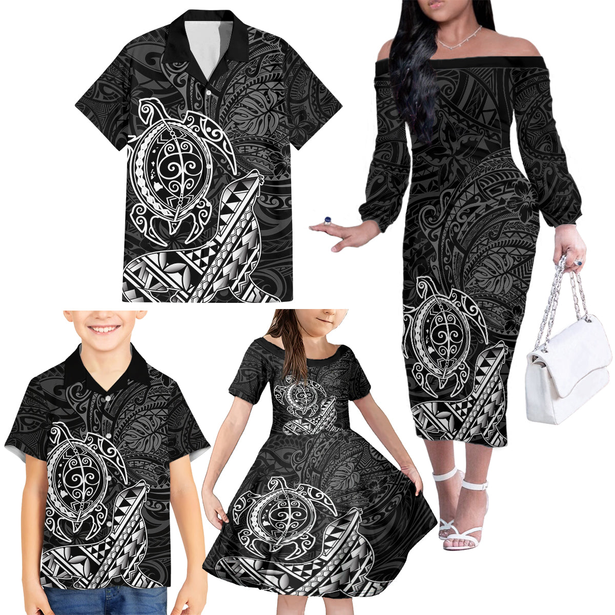 Hawaii Monk Seal and Dolphin Family Matching Off The Shoulder Long Sleeve Dress and Hawaiian Shirt Polynesian Kakau Pattern Black White Color LT03 - Polynesian Pride