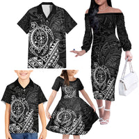 Hawaii Monk Seal and Dolphin Family Matching Off The Shoulder Long Sleeve Dress and Hawaiian Shirt Polynesian Kakau Pattern Black White Color LT03 - Polynesian Pride