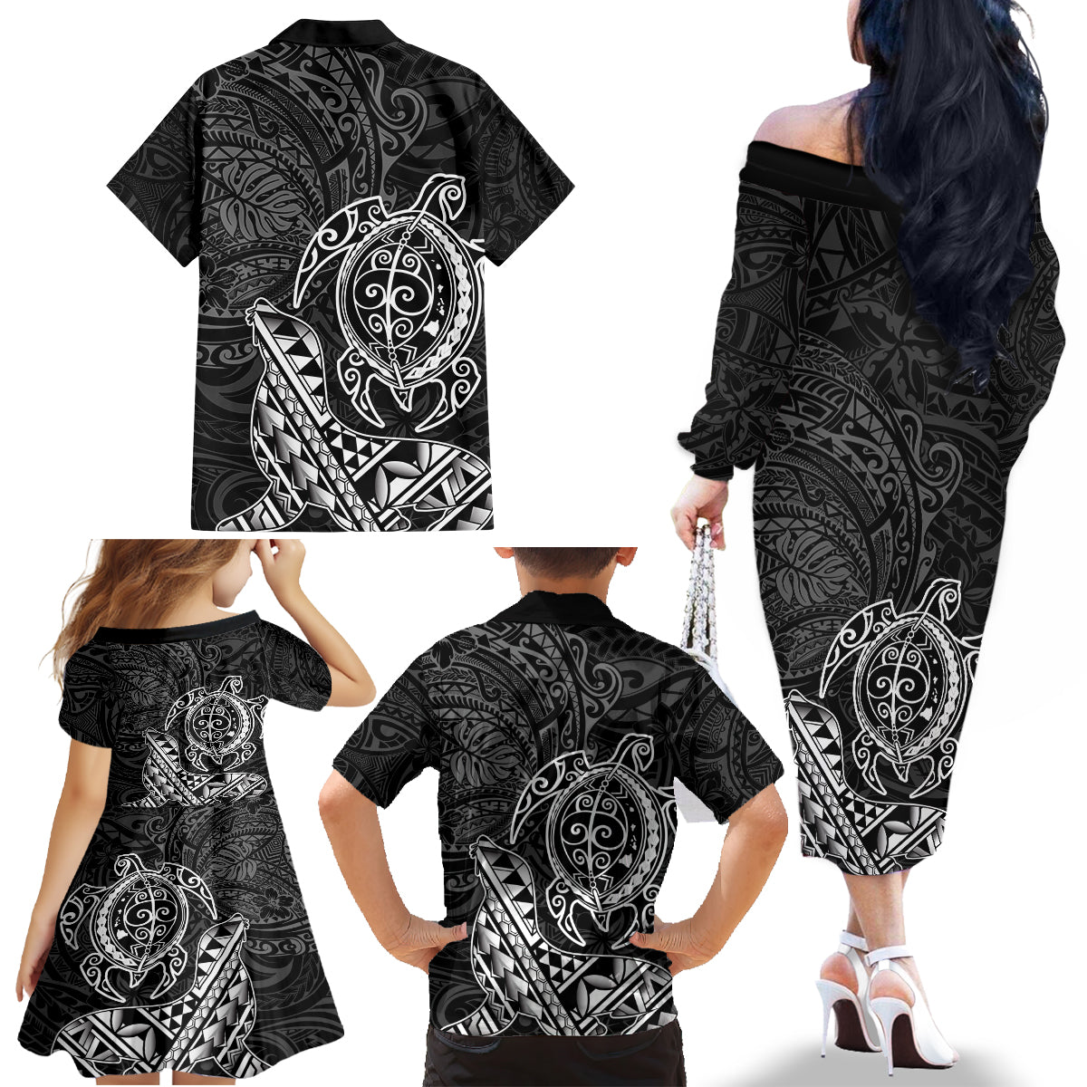 Hawaii Monk Seal and Dolphin Family Matching Off The Shoulder Long Sleeve Dress and Hawaiian Shirt Polynesian Kakau Pattern Black White Color LT03 - Polynesian Pride