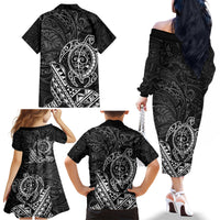 Hawaii Monk Seal and Dolphin Family Matching Off The Shoulder Long Sleeve Dress and Hawaiian Shirt Polynesian Kakau Pattern Black White Color LT03 - Polynesian Pride