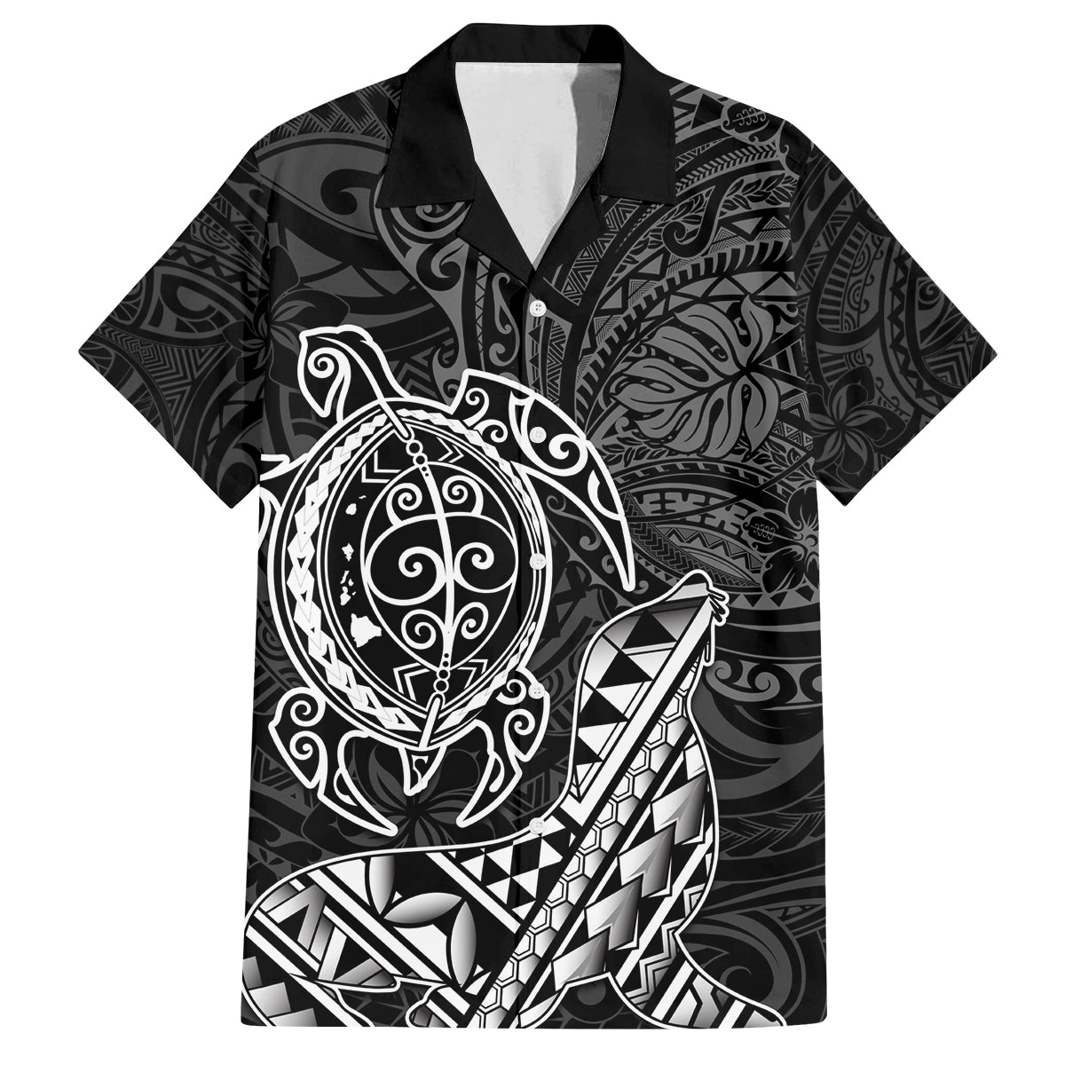 Hawaii Monk Seal and Dolphin Family Matching Off The Shoulder Long Sleeve Dress and Hawaiian Shirt Polynesian Kakau Pattern Black White Color LT03 Dad's Shirt - Short Sleeve Black - Polynesian Pride