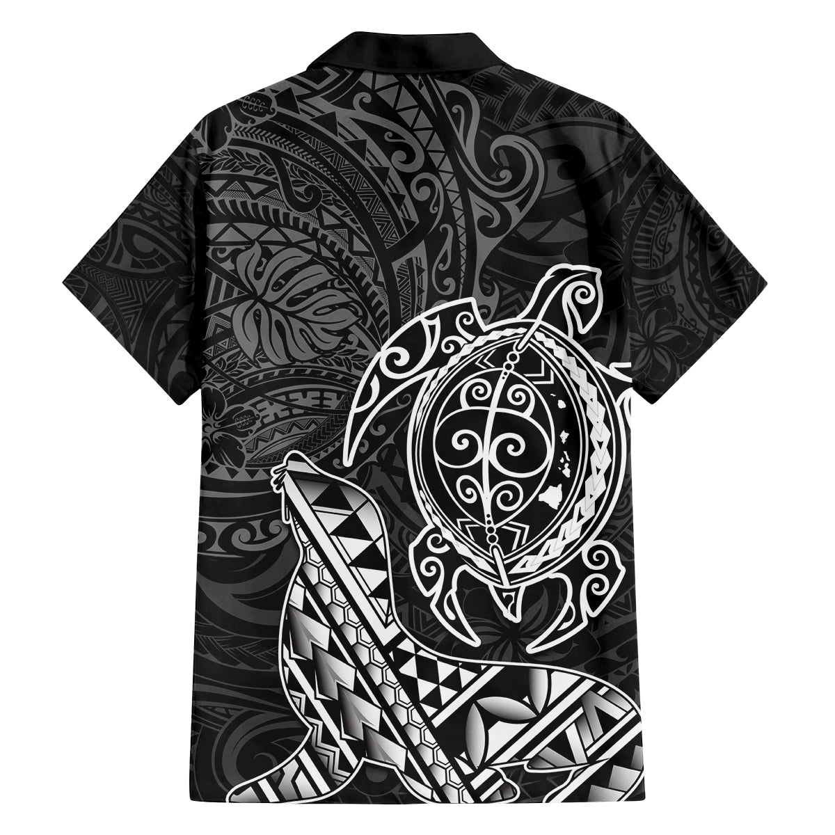 Hawaii Monk Seal and Dolphin Family Matching Off The Shoulder Long Sleeve Dress and Hawaiian Shirt Polynesian Kakau Pattern Black White Color LT03 - Polynesian Pride
