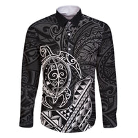 Hawaii Monk Seal and Dolphin Family Matching Off The Shoulder Long Sleeve Dress and Hawaiian Shirt Polynesian Kakau Pattern Black White Color LT03 Dad's Shirt - Long Sleeve Black - Polynesian Pride