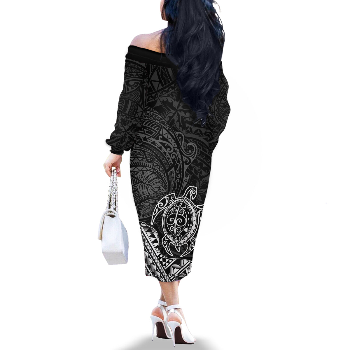 Hawaii Monk Seal and Dolphin Family Matching Off The Shoulder Long Sleeve Dress and Hawaiian Shirt Polynesian Kakau Pattern Black White Color LT03 - Polynesian Pride